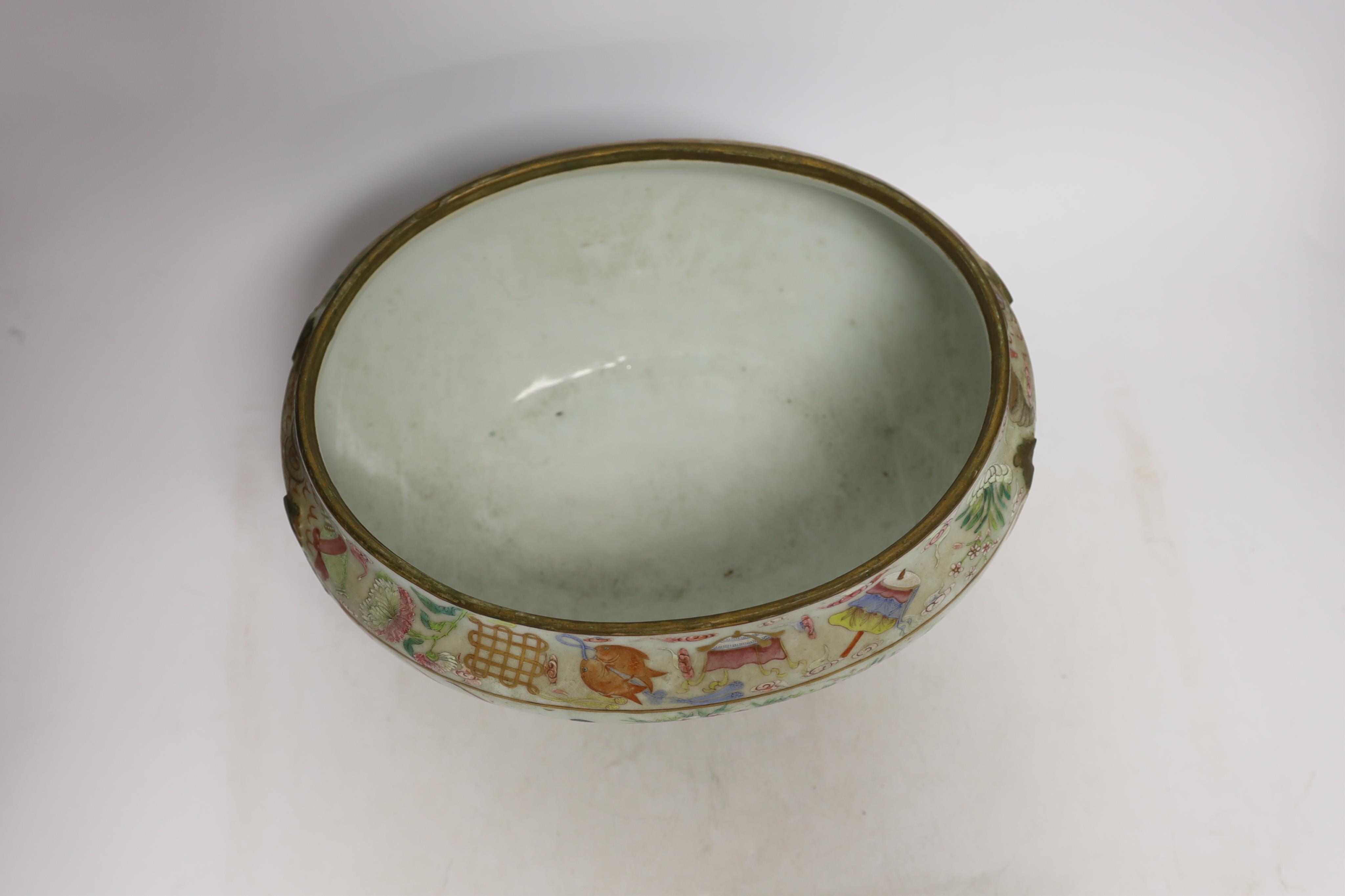 A 19th century Chinese famille rose tureen (lacking cover), a bronze mirror, a brush pot, a crackle glazed teabowl and a pair of Japanese yellow glazed satsuma jars and covers, tallest 18cm (6)